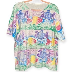 Vintage Rainbow Fish Glitter T-shirt Tubular Tee Roller Printed Unbranded